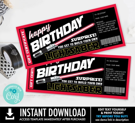 Lightsaber Birthday Gift, Build Your Own Lightsaber,Gift Certificate, Surprise Gift Reveal | Self-Edit with CORJL-INSTANT DOWNLOAD Printable
