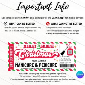May include: A printable gift certificate template for a manicure and pedicure. The template features a red, green, and white Christmas theme with the text "Merry & Bright Christmas". The text "You're getting a manicure and pedicure" is also included. The template is customizable with the recipient's name, the salon location, and a personalized message.