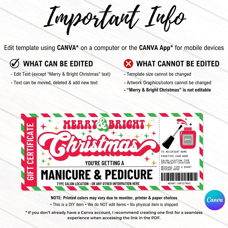 May include: A printable gift certificate template for a manicure and pedicure. The template features a red, green, and white Christmas theme with the text "Merry & Bright Christmas". The text "You're getting a manicure and pedicure" is also included. The template is customizable with the recipient's name, the salon location, and a personalized message.