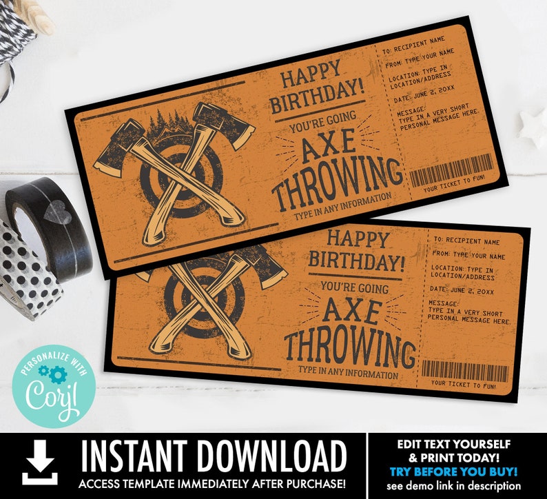 Axe Throwing Birthday Gift, Gift Certificate, Lumberjack Birthday, Surprise Gift Voucher Self-Edit with CORJL-INSTANT DOWNLOAD Printable image 1