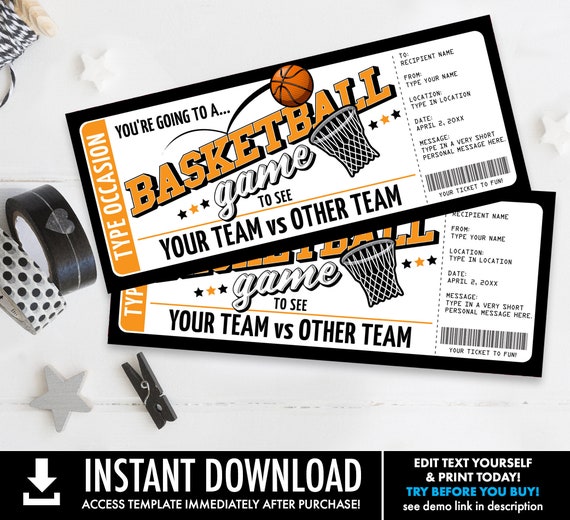 Basketball Ticket Gift Editable Template - Surprise Basketball Game Ticket, Any Occasion | Self-Edit with CORJL - INSTANT DOWNLOAD Printable