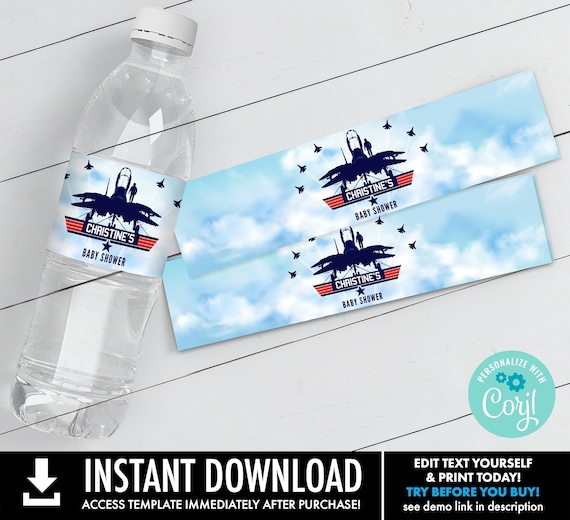 Fighter Pilot Baby Shower Water Bottle Wrap/Label, Top Gun Baby Shower SelfEdit Text with