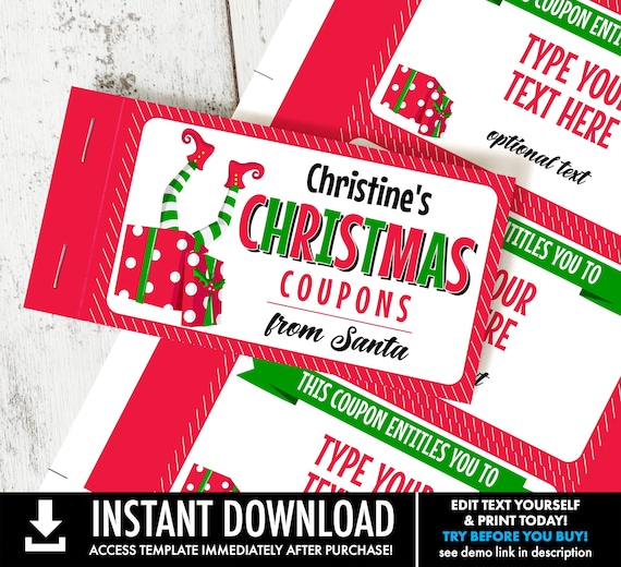 Christmas Coupon Book - Elf Coupons, From Santa, Last-Minute Personalized Gift Vouchers | Self-Edit with CORJL - INSTANT DOWNLOAD Printable