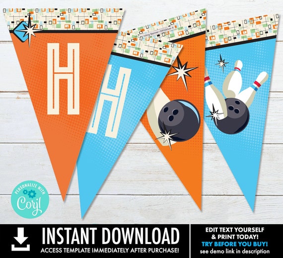 Bowling Party Banner - Bowling Birthday Party, Retro Bowling Decor, Bowling Bunting | Self-Editing with CORJL - INSTANT DOWNLOAD Printable