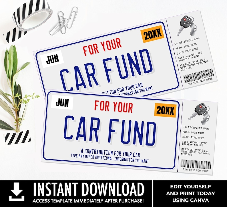 Car Fund Surprise Gift Voucher, License Plate Voucher, Gift Reveal, Gift Certificate | You Personalize with CANVA–INSTANT DOWNLOAD Printable image 1