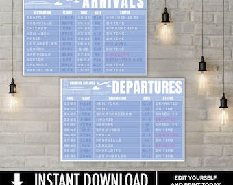 Airplane Party 36"x24" Poster, Aviator Baby Shower Arrival & Departure TWO Signs Set, Airport Terminal, | Edit on CANVA, INSTANT Download