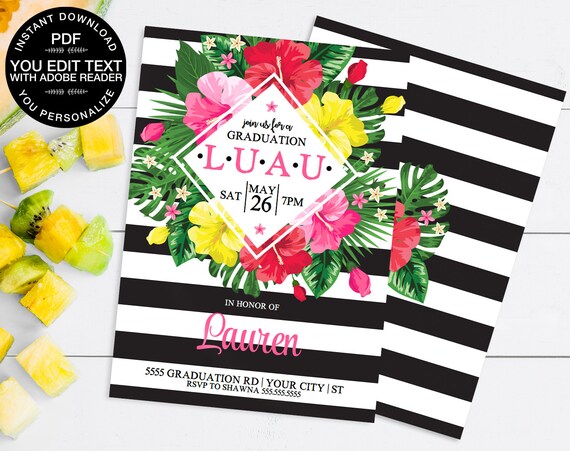 Graduation Luau Invitation - Hawaiian Party, Grad Party, Graduation Luau | Editable Text - Instant Download PDF Printable Kit Il_570xn