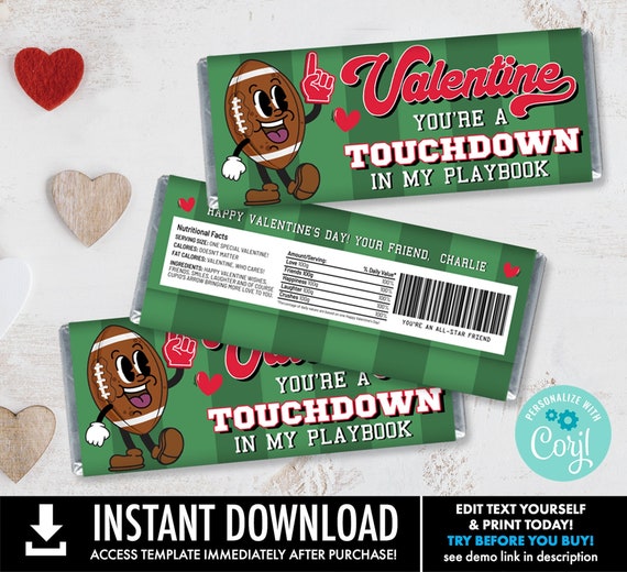Valentine Football Candy Bar Label,Retro Football Valentine,Class Valentine Card | Self-Edit with CORJL-INSTANT DOWNLOAD Printable Template