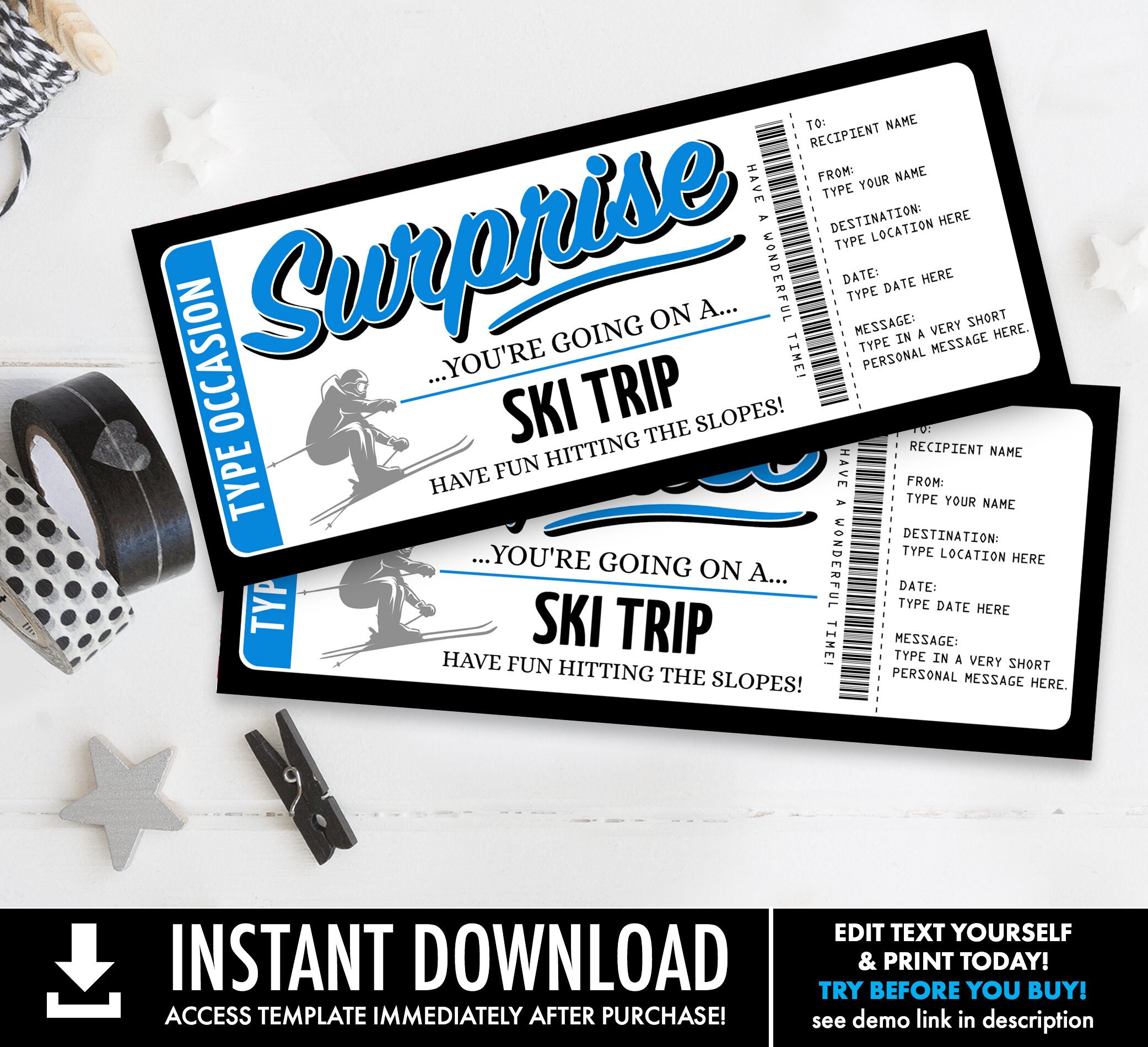 Ski Trip Surprise Ticket Gift Voucher Skiing Vacation Skiing Etsy
