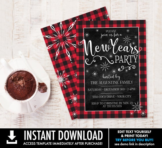 New Year's Invitation - Buffalo Plaid, New Year's Eve Party - New Years Invite | Self-Edit with CORJL - INSTANT DOWNLOAD Printable