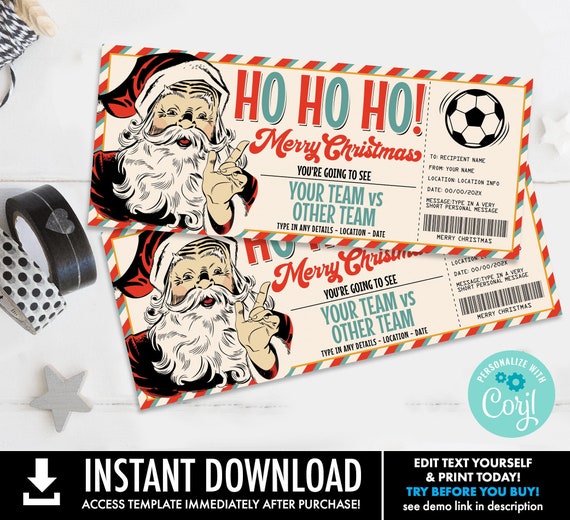 Christmas Soccer Ticket Gift Certificate, Soccer Game Ticket Gift Voucher,RetroSanta | Self-Edit with CORJL-INSTANT DOWNLOAD Printable