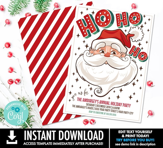 Retro Santa Party Invitation, Christmas Party Invite, Ho Ho Ho Party Invite | Self-Editing with CORJL - INSTANT DOWNLOAD Printable