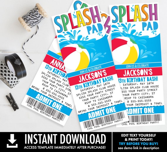 Splash Pad Ticket Invitation - Pool Party, Beach Party, Summer Birthday | Self-Edit with CORJL - INSTANT DOWNLOAD Printable Template