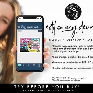 May include: A mobile phone displaying a digital template for a superhero-themed birthday party invitation. The template is customisable with text, colours, and images. The phone screen shows the text "edit on any device!" and "Try before you buy!"