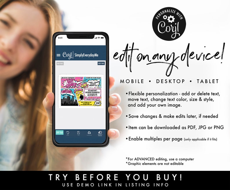 May include: A mobile phone displaying a digital template for a superhero-themed birthday party invitation. The template is customisable with text, colours, and images. The phone screen shows the text "edit on any device!" and "Try before you buy!"