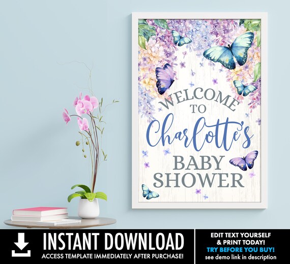 Butterfly 20x30 Baby Shower Welcome Sign/Poster - Butterflies & Flowers, Spring Garden | Self-Edit with CORJL - INSTANT DOWNLOAD Printable