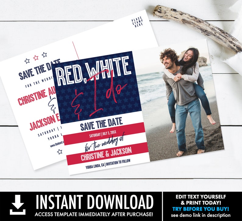 Red, White & I Do Save The Date Photo, 4th of July, Patriotic, Memorial Day,Labor Day Self-Editing with CORJL INSTANT DOWNLOAD Printable image 2