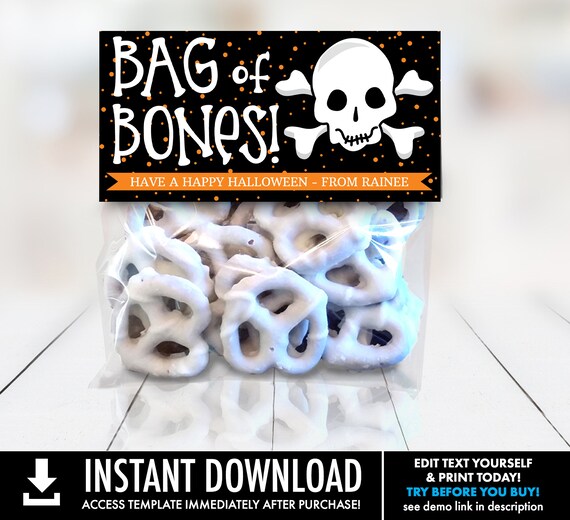 Bag of Bones 4" Treat Toppers - Halloween Party, Halloween Favor, 4" Treat Bag Topper | Self-Editing with CORJL - INSTANT DOWNLOAD Printable Il_570xn