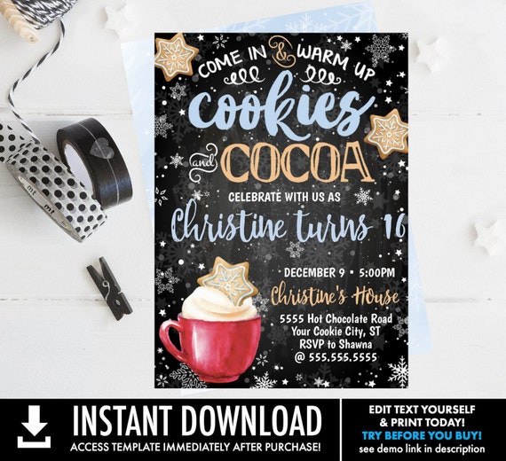 Cookies & Cocoa Invitation, Hot Chocolate Party, Cookie Decorating,Snowflake Cookie Exchange | Self-Edit with CORJL - INSTANT DOWNLOAD