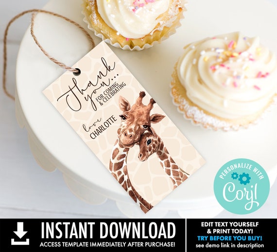 Giraffe Baby Shower Favor Tag, Party Favor Tag | Self-Edit with CORJL - Instant DOWNLOAD Printable