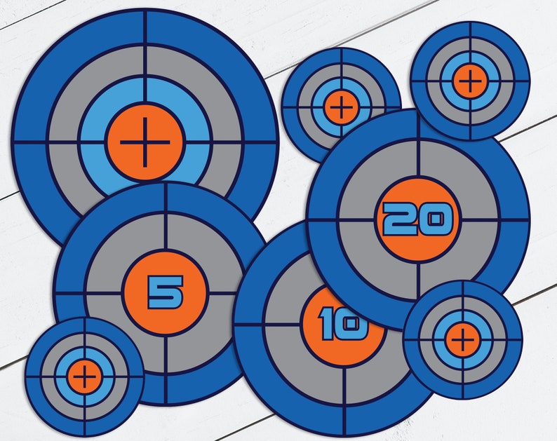 May include: A set of blue and grey target circles with orange numbers and plus signs. The targets are for a game or activity.