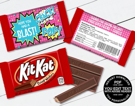 6 Personalised Superhero Birthday Party Baby Shower Kit Kat Wrappers