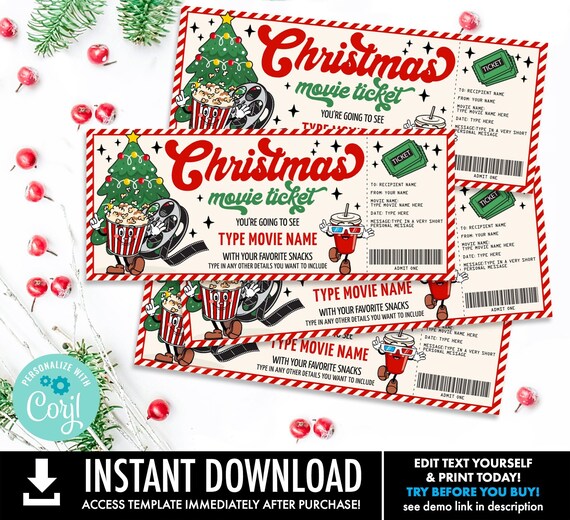 Retro Christmas Movie SMALL Tickets, Movie Tickets, Gift Certificate, Movie Ticket, Movie Night | Self-Edit with CORJL - Instant Download