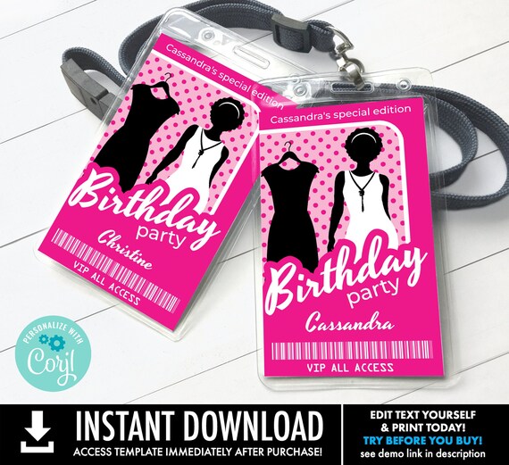Barb Doll Themed Birthday Pink Party Badge, VIP All Access Badge,Dollie Party ID Badges | Personalize using Corjl–INSTANT Download Printable