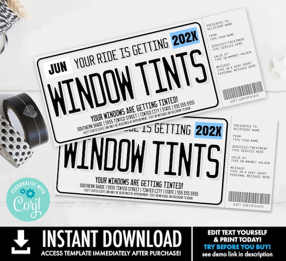 Car Window Tinting Gift Certificate, License Plate Surprise Gift Voucher | Self-Edit with CORJL - INSTANT DOWNLOAD Printable Template