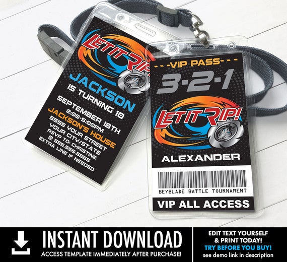 Blade Tournament Invitation I.D. Badge - Bey-Blade Inspired VIP Badge, Favor | Self-Edit with CORJL - INSTANT Download Printable Template Il_570xn