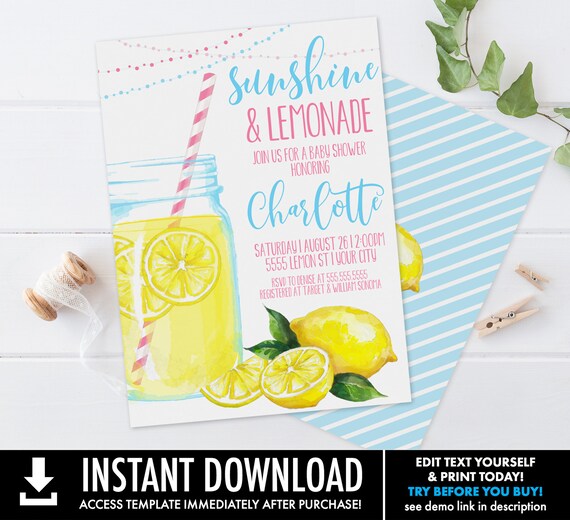 Lemonade Baby Shower Invitation - Sunshine & Lemonade, Mason Jar, Summer Shower | Self-Edit with CORJL-Instant DOWNLOAD Printable Template