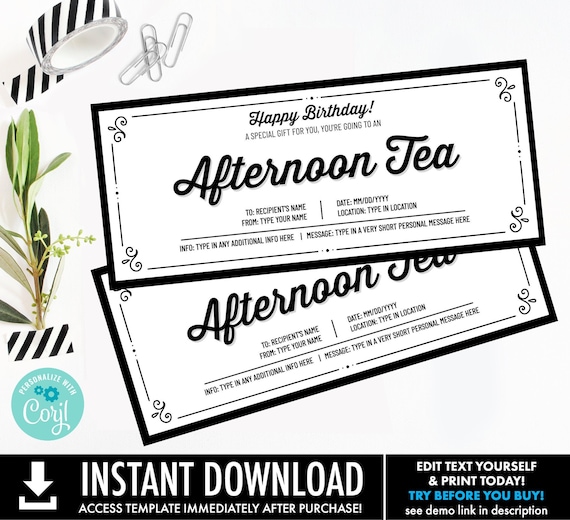 Afternoon Tea Birthday Coupon,Surprise Gift Reveal,Gift Certificate,Voucher | Personalize using CORJL–INSTANT DOWNLOAD Printable