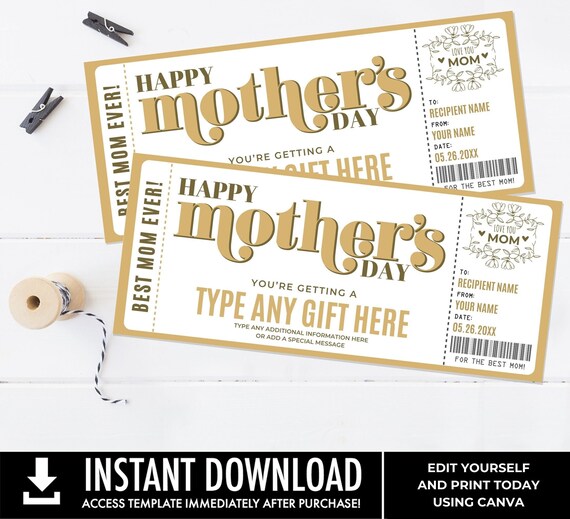 Mother's Day Editable Golden Ticket Template, Any Type Gift Certificate, Surprise Gift Voucher Coupon | Edit with CANVA-Printable Download