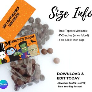 May include: Halloween treat bag toppers featuring a Monster Mash graphic with a bride of Frankenstein, vampire, Frankenstein's monster, and mummy. Text reads Have a Happy Halloween from Christine. Toppers measure 4x2 inches when folded.