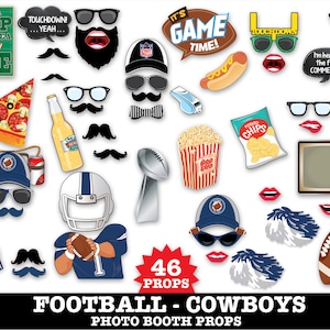 May include: A set of 46 photo booth props featuring a football theme with a Cowboys color scheme. The props include a variety of items such as hats, mustaches, glasses, food, and footballs. The text "GRAB A PROP & STRIKE A POSE" is on a green sign. The text "TOUCHDOWN! YEAH..." is on a black chalkboard. The text "IT'S GAME TIME!" is on a red and white speech bubble. The text "I'm here for the food & COMMERCIALS!" is on a black chalkboard. The text "46 PROPS" is on a red and white circle. The text "FOOTBALL - COWBOYS PHOTO BOOTH PROPS" is at the bottom of the image.