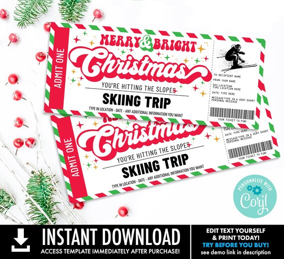 Christmas Skiing Trip Gift Certificate, Ski Lift Ticket Gift Voucher,Merry & Bright | Self-Edit with CORJL-INSTANT DOWNLOAD Printable