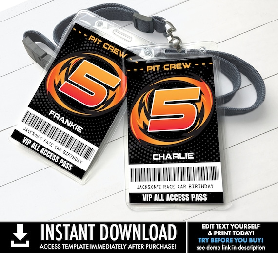 Race Car Party Pit Crew Pass, VIP Badges, All Access Pass | Self-Edit with CORJL - INSTANT Download Printable Template