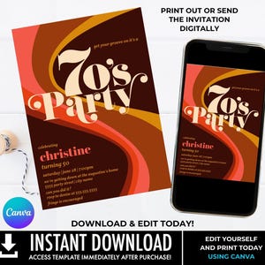 Editable 70s Get Your Groove On Invite, Retro 70&#39;s Let&#39;s Get Groovy, Hippie Birthday | Edit using CANVA -INSTANT DOWNLOAD Printable