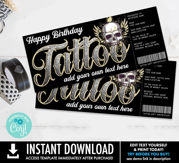 Tattoo Gift Certificate - Skull Design - Get Inked Gift Card Voucher, Birthday Tattoo | Self-Edit with CORJL - INSTANT DOWNLOAD Printable