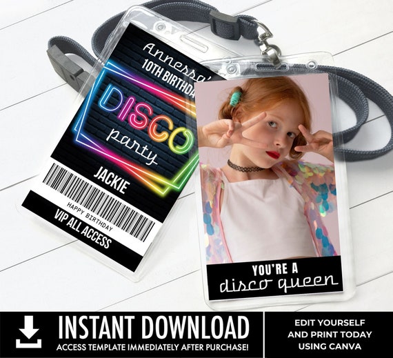 Disco Glow Party VIP Photo Badge, Disco Glow Theme, Glow Party All Access Pass | Edit with CANVA - INSTANT Download Printable Template