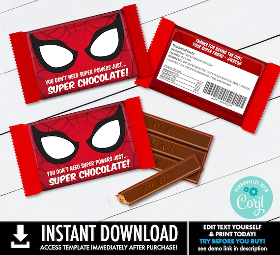 Spiderman Kit Kat Bar Wrap/Étiquette,Faveur de fête d'anniversaire