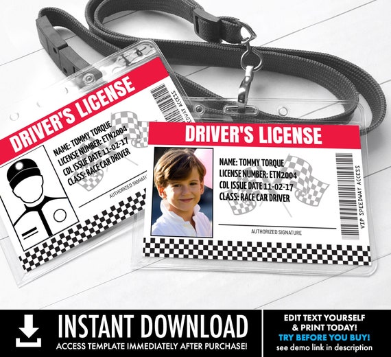 Race Car Driver's License - ID Badge, Cars Birthday, License ID, Red | You Personalize using CORJL - Instant Download Printable Template