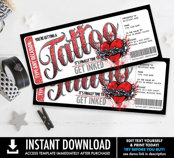Tattoo Gift Certificate - Heart Design - Get Inked Gift Card Voucher - Valentine | Self-Edit with CORJL - INSTANT DOWNLOAD Printable Il_570xn