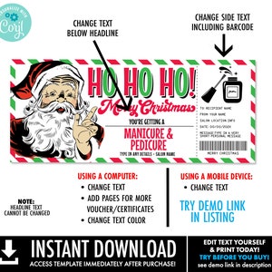 K&ouml;nnte beinhalten: Ein druckbares Weihnachtsgeschenk-Zertifikat f&uuml;r eine Manik&uuml;re und Pedik&uuml;re. Das Zertifikat zeigt ein Cartoon-Bild vom Weihnachtsmann mit dem Text "Ho Ho Ho! Frohe Weihnachten" und "Sie erhalten eine Manik&uuml;re & Pedik&uuml;re".