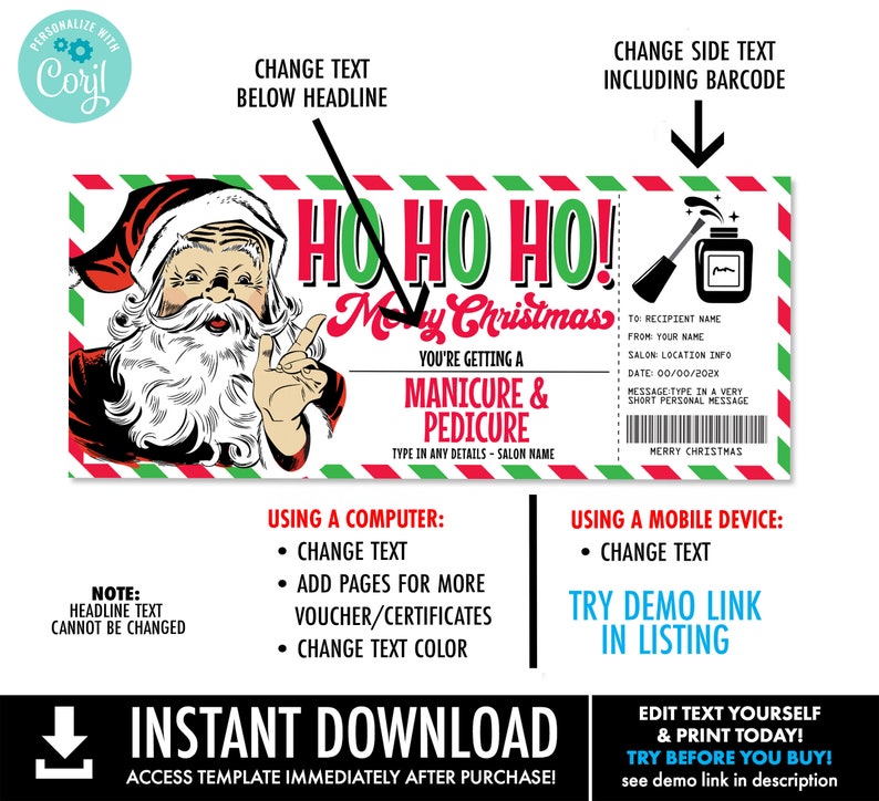 K&ouml;nnte beinhalten: Ein druckbares Weihnachtsgeschenk-Zertifikat f&uuml;r eine Manik&uuml;re und Pedik&uuml;re. Das Zertifikat zeigt ein Cartoon-Bild vom Weihnachtsmann mit dem Text "Ho Ho Ho! Frohe Weihnachten" und "Sie erhalten eine Manik&uuml;re & Pedik&uuml;re".
