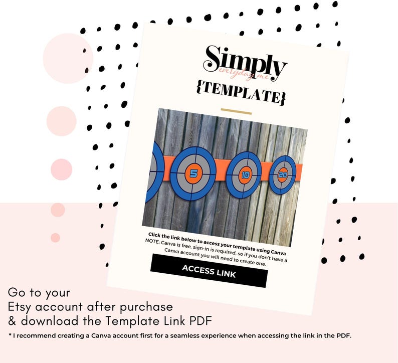 May include: A digital download template for a printable target game. The template features three targets with the numbers 5, 10, and 20 printed on them. The targets are orange, blue, and grey. The text "Simply everydome {TEMPLATE}" is at the top of the image.