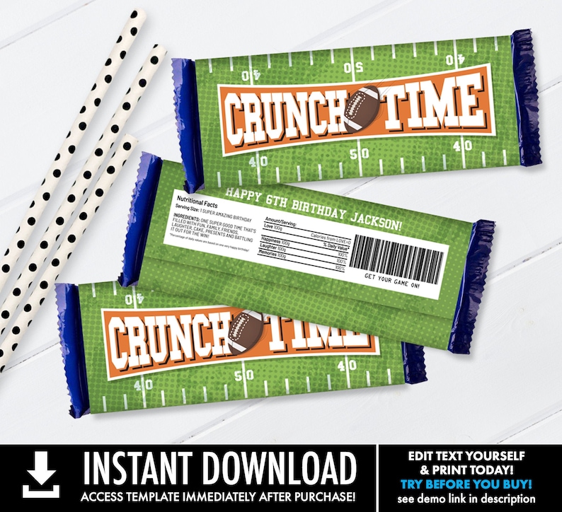 May include: Three green and blue candy bar wrappers with a football field design. The wrappers read "CRUNCH TIME" with a football graphic. The text "HAPPY 6TH BIRTHDAY JACKSON!" is also visible. Black and white polka dot straws are in the background.