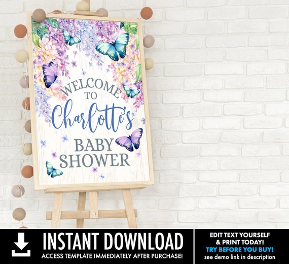 Butterfly 18x24 Baby Shower Welcome Sign/Poster - Butterflies & Flowers, Spring Garden | Self-Edit with CORJL - INSTANT DOWNLOAD Printable Il_570xn