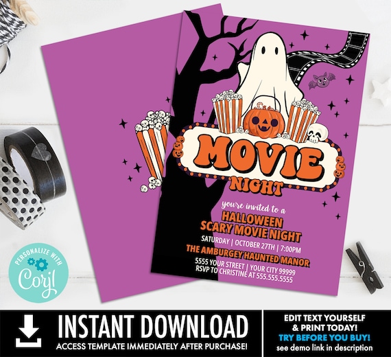 Halloween Backyard Movie Night Invite, Outdoor Movie, Retro Scary Movie Night Invite | Self-Edit with CORJL–INSTANT DOWNLOAD Printable