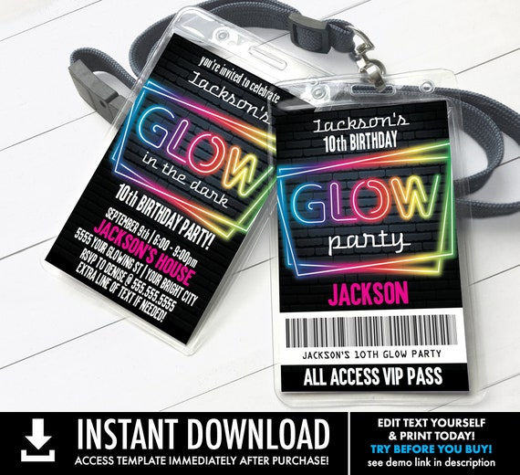 Neon Glow Invitation Party Badge, Neon Glow VIP Badge, Glow Party Invite | Self-Edit with CORJL - INSTANT Download Printable Template Il_570xn